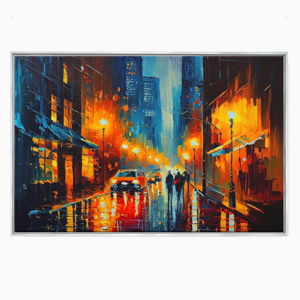 Tablou canvas cu pictura stradala cu oras plouat, in rama de aluminiu argintiu